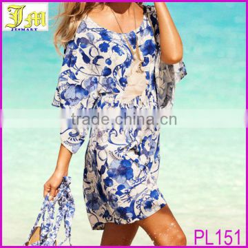 Womens Fashion Blue White Porcelain Beach Dress Vintage Retro Fashion Casual Swimsuit Bikini Cover Skirt