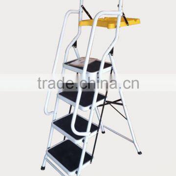 Left and right handrail 4 step ladder with plastic tool tray