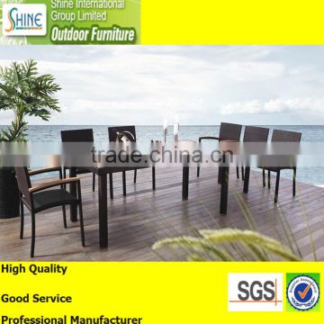 Outdoor furniture rattan dining table with teak wood table top and chair with teak wood armrest for garden furniture