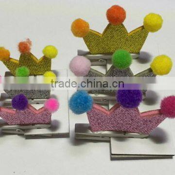 China New Design Cute no Slip Princess Crown Polyester Hair Clips Fabric Hairpin With Sequin Pompon for Bulk Boutique photo-3