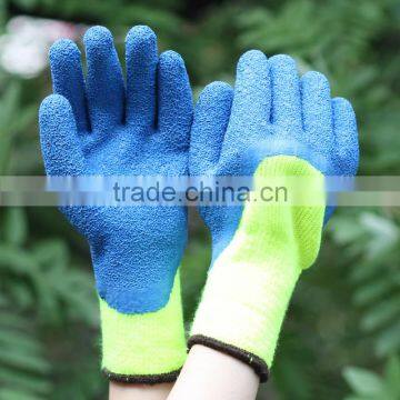 NMSAFETY 7g Hi-viz yellow nappy acrylic liner 3/4 coated crinkle latex on palm winter gloves