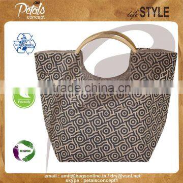 Jute Gift Bag With Round Handle for Weekend - Overall Print Shopping Tote - Cane Handle Bags photo-6