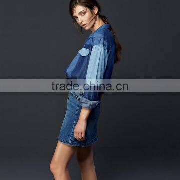 Hot Sale Women Denim Shirt With Pocket and Block Fashion Design Hot Sale photo-3