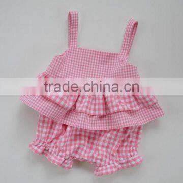 Latest Design 2 Pieces Baby Clothing Outfit Children Ruffle Lace Dress Plain Blue Bloomer Set Wholesale photo-4