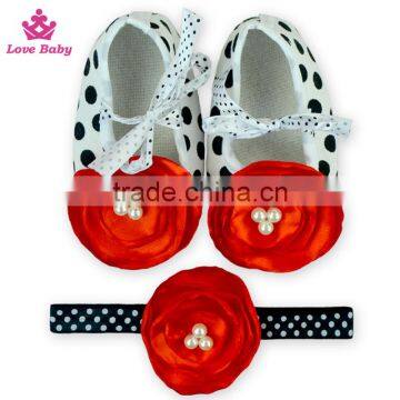 Fancy Polka Dot Floral Newborn Crib Shoes Baby Shoes Matching Headband photo-5