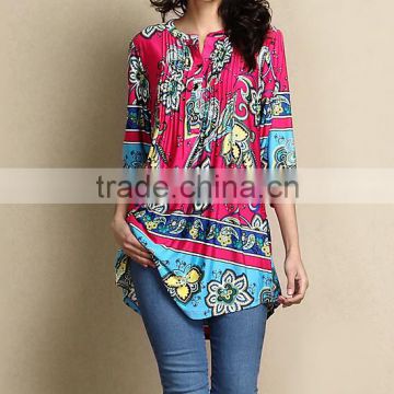 Hot Selling Women Outwear With Fuchsia Floral Notch Neck Pin Tuck Tunic Women Tops Women Clothing GD90426-30