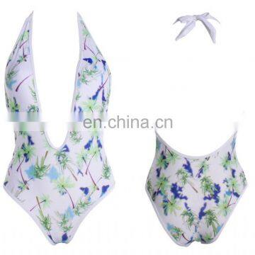 Deep V tie up printed women one piece young bikini model