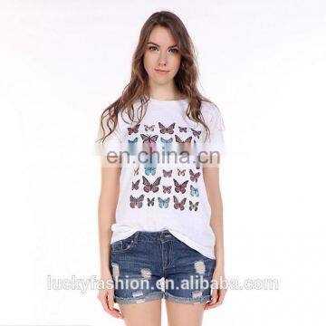 wholesale women custom short sleeve softtextile 100% cotton white t shirt with butterfly print