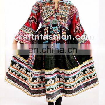 Traditional Balochi Coins Dress- Afghan Dress In Velvet Tribal Silk Embroidered Dress- Banjara Kuchi Tribal Ethnic Clothes photo-3