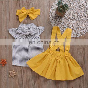 Spot Pattern Top With Plain Color Gallus Dress and Headband 3pcs Girls Suit Wholesale Price photo-3