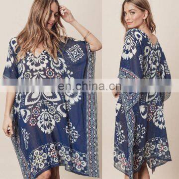 Beach Tunic Navy Blue Vintage Kaftan Beach Bikini Cover Up Chiffon Loose Swimwear Summer Dress Women