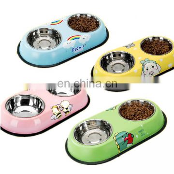 New arrival cartoon pet double dog food bowls stainless steel