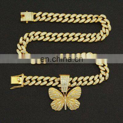 Luxury Gold Women Men Full Diamond Butterfly Pendant Necklace Crystal Cuban Link Butterfly Choker Necklace