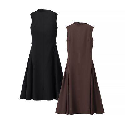 Summer new women's clothing European and American sweet and fresh pure color sleeveless elegant high waisted round neck dress