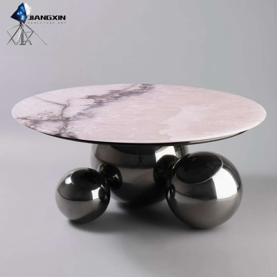 Stainless Steel Geometric Table - Polished Gold Ball Base, Smooth Top, Luxurious Interior (Modern Art Center)