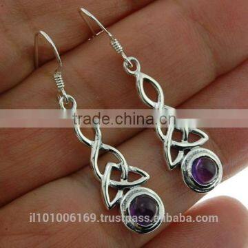 Long Amethyst Trinity Knot Silver Earrings, e301