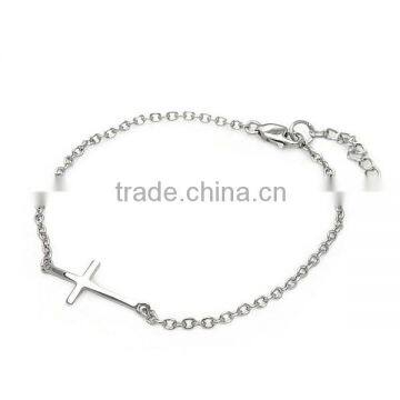 Rhodium Plated Sterling Silver High Polish Bracelet Cross