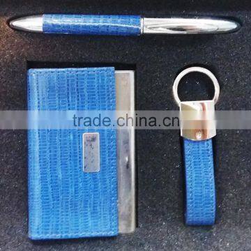 High Quality Business card holder and Leather keychain and ballpoint pen Gift Set