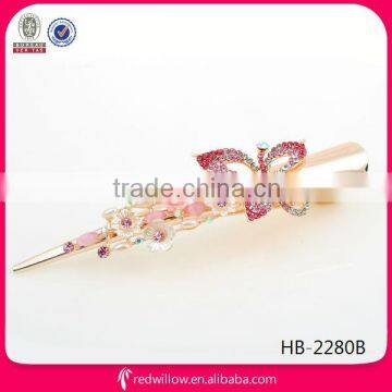 2014 Stylish pink rhinestone butterfly metal hair beak clips