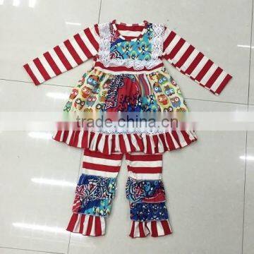 2016 Wholesale girl boutique outfits kids popular owl printing clothing sets girls long sleeve and ruffle pant set