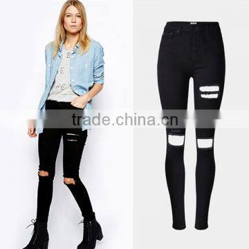 2016 Autumn Fashion Women High Waist Damaged Denim Jean Ladies Black Knee Holes Skinny Shredded Ripped Jeans Mujer