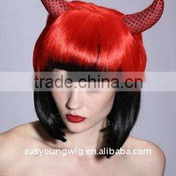 Cheap synthetic Red color party witch hair wig, devil wigs with horns