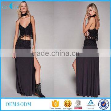 Two piece outfits women sexy lace top and side slit long skirt 2017