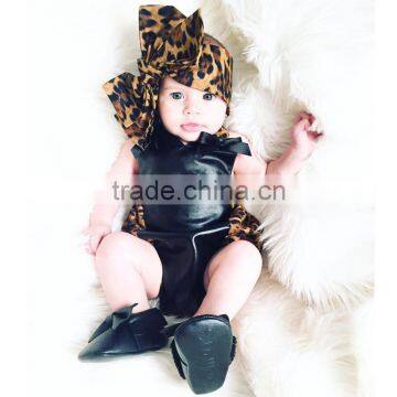 High Quality Toddler Clothing Leopard Print Leather Splicing Summer Baby Clothes Romper photo-2