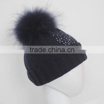 Myfur Navy Knitting Beanie Hat With Stones Real Raccoon Fur Ball Top For Teenager Boys