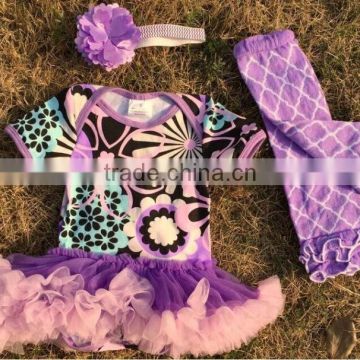 2015 new purple flower baby romper tutu romper dress with matching headband and leg warmer