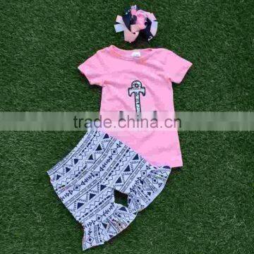 2016 Summer design girls baby 2-7 years old girls hot pink strpies clothing Capri outfit child clothing with matching headband