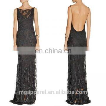 ladies long night dress sexy black gown sexy open back dresses embellished tulle evening gown