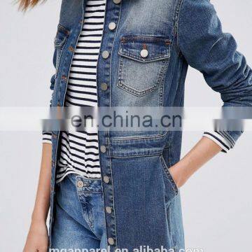 Stretch Denim Fabric Women Blue Long Jean Jacket Wholesale photo-4
