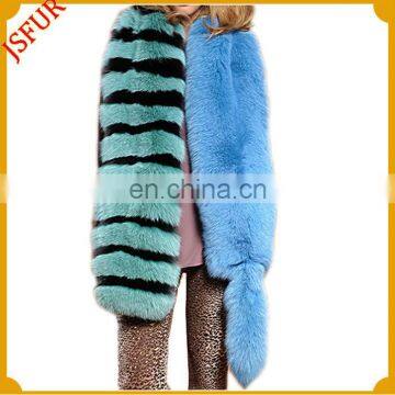 2015 fashion women long striped blue color real fox fur cape shawl and scarf