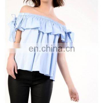 Light Blue Bardot Top With Tie Detail, Elasticated Off The Shoulder Design