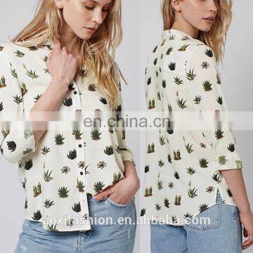 Latest fashion blouse design long sleeve printed cactus women model simple design blouse