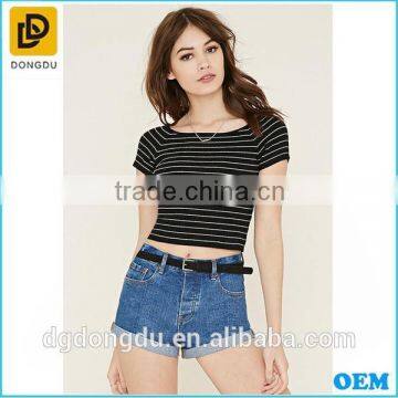 Boat neck short stripe summer beautiful girl corp t shirt