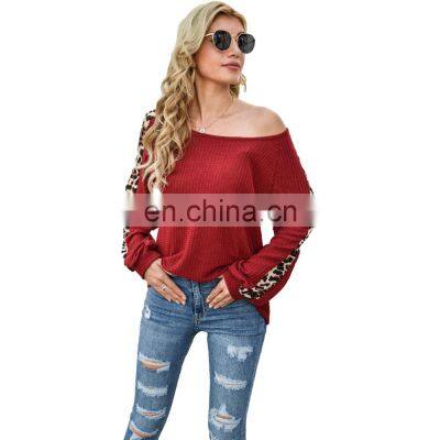 Wholesale custom women's tops Western style Autumn and winter new fashion Long sleeve Waffle Leopard Print T-shirt