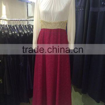 2015 Turkish fashion printed chiffon dress with diomands and golden fishnet on the neck cuff and waist