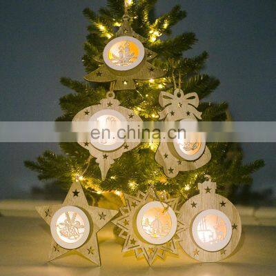 LED light Christmas Tree Star bell Wooden Pendants Ornaments Xmas Wood Crafts Kids Gift for Home Christmas Party Decorations