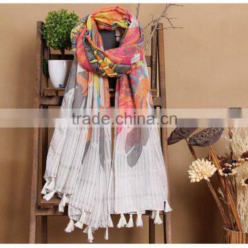 Leisure Vintage Indian Feather Printed Large Long Pashmina Women Scarf with Tassels