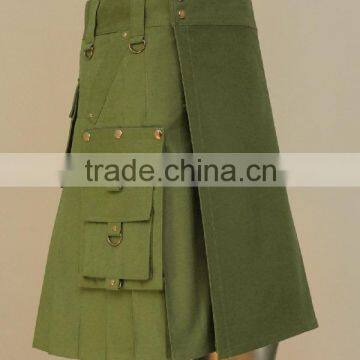 Olive Green Utility Modern Kilt With Two Side Zip Pockets Made Of Poly Cotton Cloth