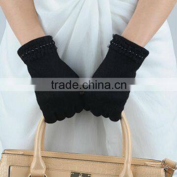 black lady handmade wool glove with embellish at wrist