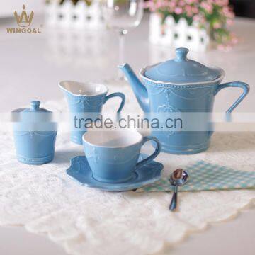 Ceramic matte blue embossment tea set