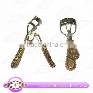 2015 new design plastic handle in full rhinestone shape eyelash curler plated gold color