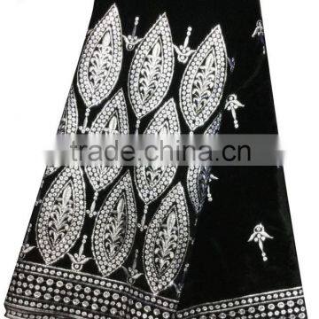 CL2072-2 black newest style African big embroidered velvet material with sequins or crystal stones softly