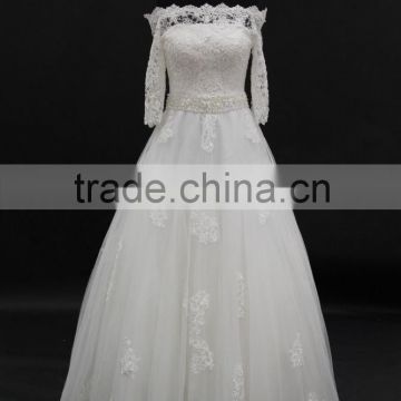 half lenght sleeve off-shoulder straight neckline guipe lace A-line wedding dress with beading belt