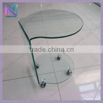 Home goods furniture Transparent glass coffee table bent glass side table with wheels