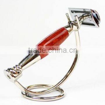 Briarwood Handle Double Edge Safety Razor & Shaving Brush Stand