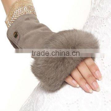 Best selling light tan rabbit fur suede fingerless glove